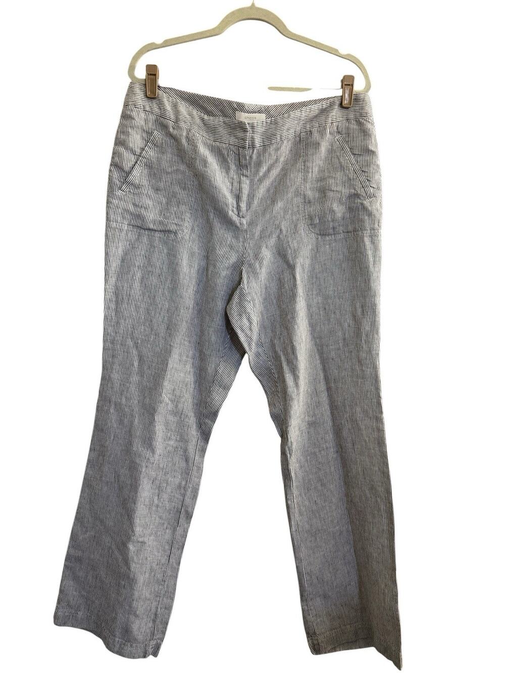 Chico's 100% Linen Stripe Wide-Leg Gray White Size 2 Pants Flap Pockets #7289